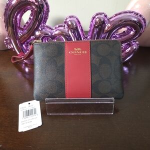 NWT Coach Signature Brown and True Red Wristlet